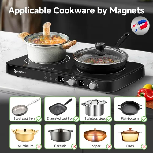 Miniatura 3 de AMZCHEF Placa de cocción de doble inducción con plancha extraíble antiadherente, 1800 W, 2 quemadores, estufa de inducción portátil con sensor