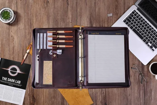 Miniatura 4 de Carpeta de piel auténtica para negocios, cartera de 3 anillas, carpeta de negocios con cremallera para hombres y mujeres, color marrón, Marrón