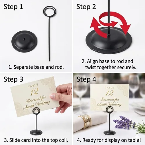 Miniatura 7 de HOHIYA Paquete de 12 soportes negros para números de mesa de 12 pulgadas, soportes para tarjetas de lugar de boda Elegantes soportes negros