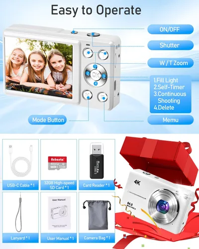 Miniatura 7 de Cámara digital 4K para fotografía, enfoque automático de 64 MP, tarjeta TF de 32 GB, pantalla LED de 2.8 pulgadas, zoom 18X, antivibración, cámaras