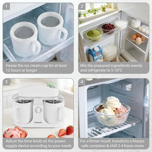 Miniatura 3 de Pukomc Máquina para hacer helados para uso doméstico, con dos cuencos de helado, operación simple y fácil de limpiar, color blanco