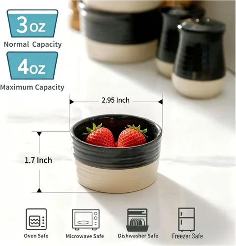Miniatura 2 de Hasense Juego de 6 moldes de porcelana de 3 onzas, aptos para horno, color negro y gris ceniza, para creme brulee, souffle, inmersión y postres