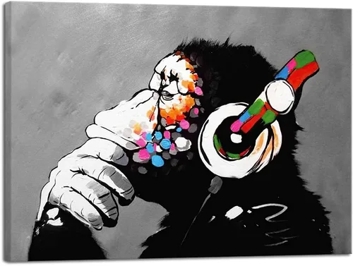 Miniatura 10 de Wieco Art Marco Negro Mono con Auriculares Banksy Arte de Graffiti Abstracto Pinturas en Lienzo Impresiones Arte de Pared en Lienzo de Animales