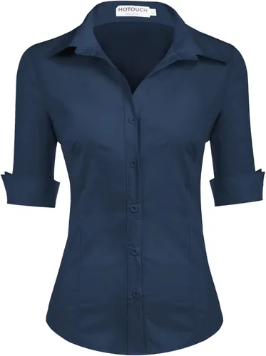 Miniatura 12 de HOTOUCH Camisa de manga 3/4 con botones para mujer, blusas de trabajo ajustadas, camisas de vestir de algodón, camisas de oficina