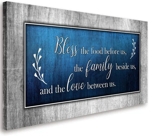 Arte de lienzo para pared para decoración de sala de estar - Impresiones en lienzo azul y gris, pintura con cita "Bless The Food" - Cuadros de
