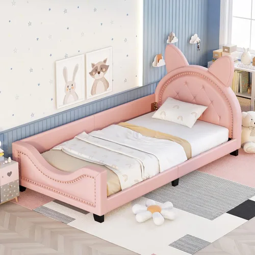 Sofá cama capitán tapizado de cuero con cabecera en forma de orejas de cartón, tamaño individual de madera, marco bajo para sofá cama de capitán