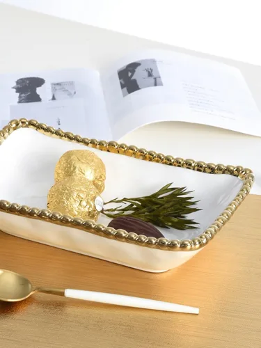 Miniatura 4 de Pampa Bay Plato rectangular, 7 pulgadas de largo, porcelana, blanco y dorado