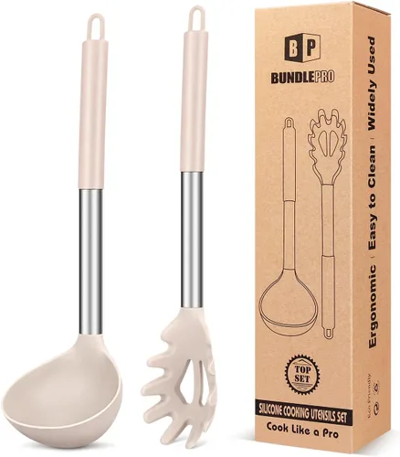 Juego de tenedor y cucharón de silicona para pasta, utensilios de cocina grandes antiadherentes para cocinar, agitar, servir espaguetis, sopa, salsa