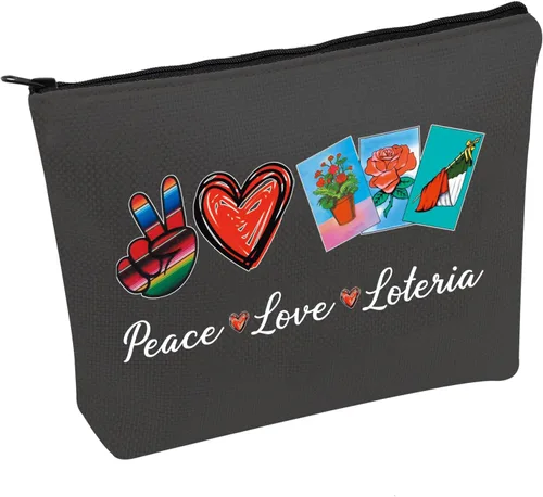 JXGZSO Bolsa de lotería divertida bolsa de almacenamiento de bingo mexicano, regalo de lotería, paz, amor, lotería, bolsa de lona con cremallera,