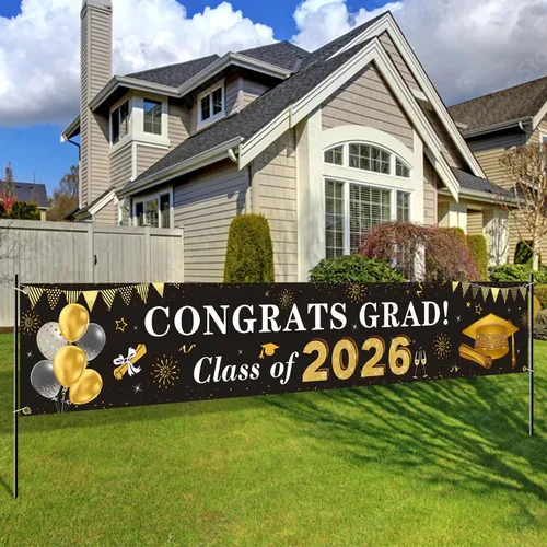 Decoraciones de graduación 2026 Congrats Grad Class of 2026 - Cartel de graduación negro y dorado para patio, decoraciones colgantes para interiores