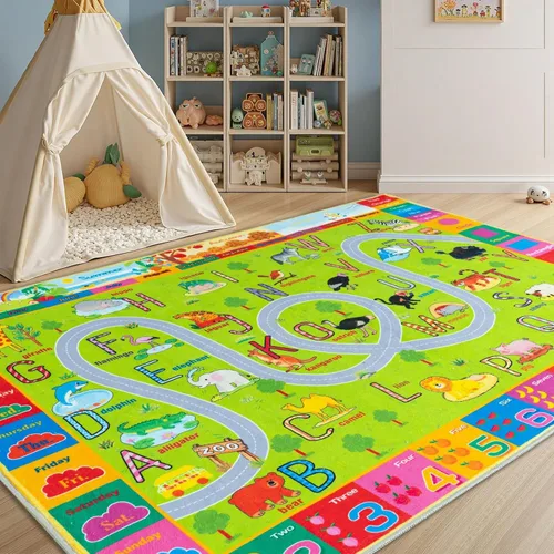 Alfombra interactiva de juego para niños, de 4 x 6 pies, alfombra educativa para aprendizaje temprano con alfabeto, números, animales, colores,