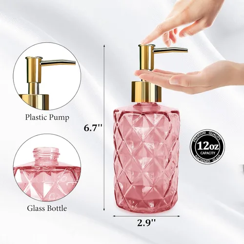 Miniatura 2 de Paquete de 2 dispensadores de jabón de vidrio rosa, 11.2 fl oz/11 oz, dispensador de acondicionador de ducha de baño con bomba dorada, botella