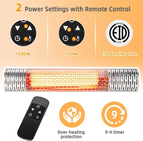 Miniatura 5 de Tangkula Calentador de patio montado en la pared de 1500 W, calentador eléctrico de infrarrojos lejanos para patio con control remoto, 2 ajustes