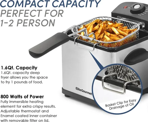 Miniatura 3 de Elite Gourmet EDF-1607 - Freidora eléctrica de inmersión con cesta de malla de 800 vatios, capacidad de 1.6 cuartos / 6.5 tazas de aceite