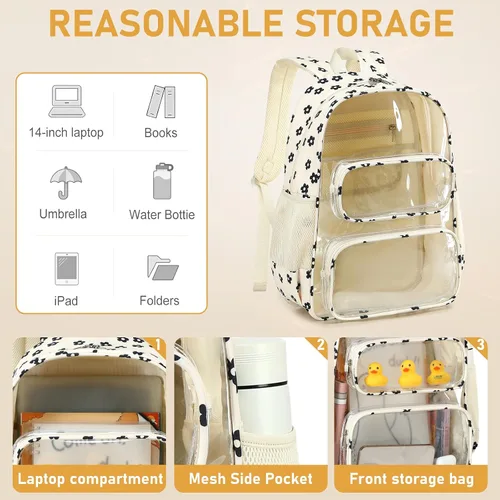Miniatura 61 de CAMTOP Mochila transparente resistente y transparente para estudiantes, escuela, trabajo, festival, viajes, deportes, Beige, Mediana, Camtop Mochila