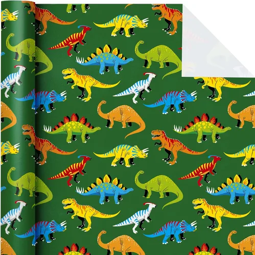 Miniatura 2 de WRAPAHOLIC - Rollo de papel de regalo de dinosaurio - Rollo mini - 17 pulgadas x 33 pies - Papel de regalo de dinosaurio verde, perfecto