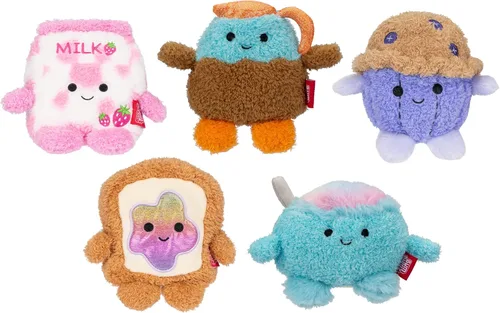 BumBumz Peluches BreakfastBumz de 4.5 pulgadas Paquete de 5 - Muffin de Arándanos Melissa, Café Colton, Tostada con Mermelada Arcoíris Timothy,
