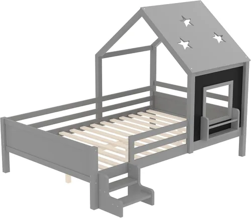 Miniatura 7 de Marco de cama de tamaño matrimonial para niños con escaleras, bonito techo y ventana en forma de estrella para niños y niñas, cama de plataforma