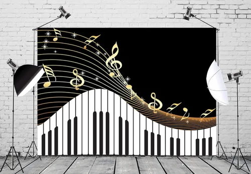 Miniatura 3 de BELECO Telón de fondo de música de piano de tela de 5 x 3 pies, teclas de notas musicales, teclas negras y doradas, fondo de fotografía, teclado