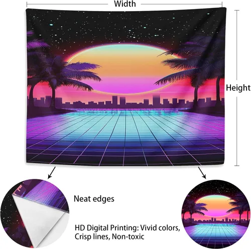 Miniatura 6 de Tapiz de sol de neón de luz negra, tapiz de silueta de palmera de ciudad que brilla en la oscuridad, tapiz para colgar en la pared, reactivo a