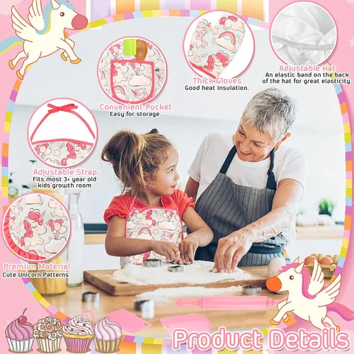 Miniatura 4 de KAEGREEL Juego de chef para hornear para niños con delantal de unicornio y manopla, juego de cocina para niños de 26 piezas con sombrero de chef