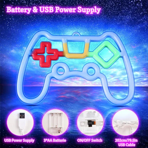Miniatura 4 de Vicloon Letrero de neón para jugadores, luz de neón con forma de controlador de juego, luz de pared LED alimentada por USB/batería para decoración