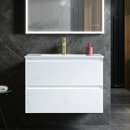 Miniatura 11 de Blossom Tocador de baño LED de 24 pulgadas – Tocador flotante montado en la pared con luces – 100% impermeable PVC de grado marino – Moderno