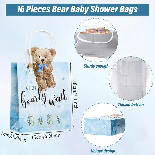 Miniatura 3 de Tinlade - 16 bolsas de regalo de oso para baby shower, We Can Bearly Wait, bolsas de regalos con asas, para baby shower, regalos para recién Azul