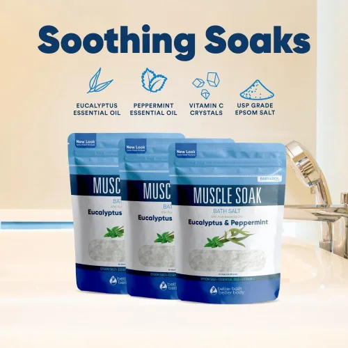 Miniatura 8 de Muscle Bath Salt (paquete de 3 con cuchara) para baño muscular con aceites esenciales puros en bolsa sin BPA con sello de cierre a presión