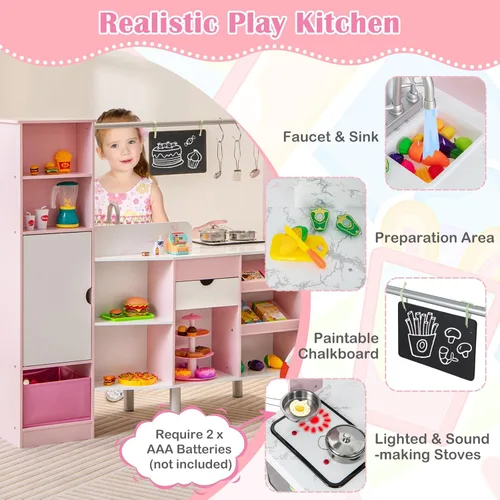 Miniatura 4 de Costzon Juego de cocina 2 en 1 para niños y tienda de comestibles, cocina de juego de simulación de doble cara con luz y sonido, máquina de hielo