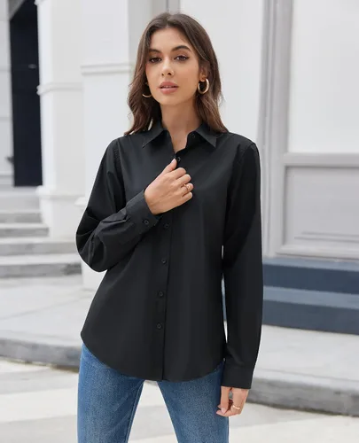 Miniatura 4 de siliteelon Camisas con botones para mujer, camisa de vestir de algodón de manga larga con cuello, camisa de negocios, trabajo, oficina, blusa