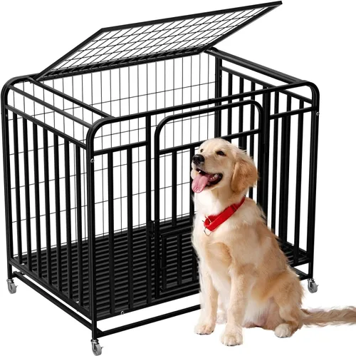 Perrera para perros de 42 pulgadas, resistente para interiores, fácil de limpiar, 4 ruedas bloqueables, jaula extragrande para perros con bandeja