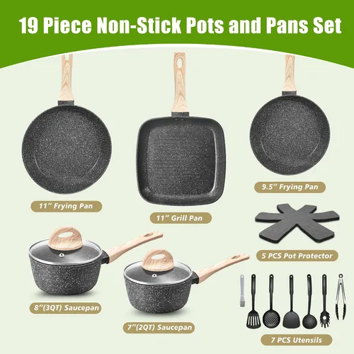 Miniatura 2 de VOTTGO Juego de 19 ollas y sartenes antiadherentes, juego de utensilios de cocina de inducción de granito negro, no tóxico, saludable