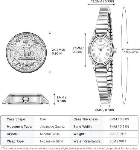 Miniatura 4 de Relojes pequeños de oro para mujer, reloj analógico de esfera fácil de leer, caja ovalada, banda de expansión de acero inoxidable, reloj impermeable