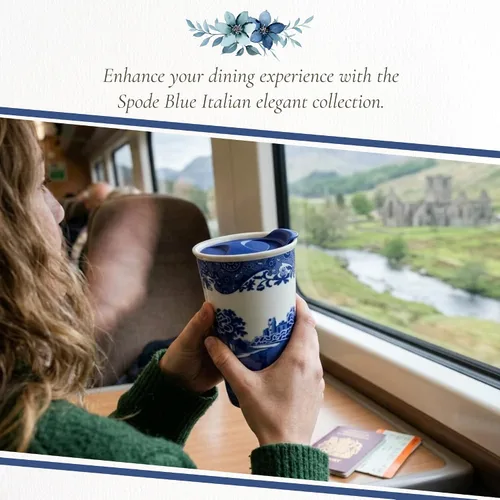 Miniatura 6 de Spode Taza de viaje de porcelana italiana azul de 8 onzas con tapa – Vaso con estampado escénico con borde decorativo – Taza de café de cerámica