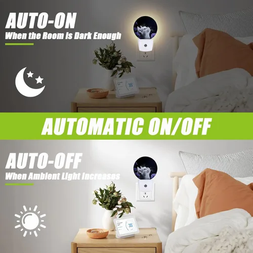 Miniatura 3 de Luz nocturna de gato blanco, flores moradas enchufables con sensor de atardecer a amanecer para dormitorio, baño y sala de estar, lámpara apta