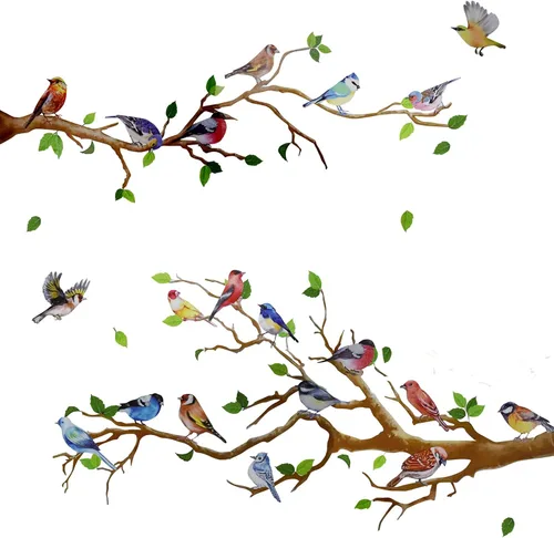 Maydahui Vinilo adhesivo de pared con diseño de pájaros en ramas de árbol (34 x 34 pulgadas) removible para despegar y pegar, murales artísticos,