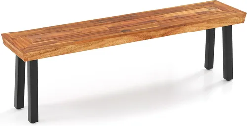 Tangkula Banco de madera de acacia al aire libre, banco de picnic para patio, comedor con patas de acero para porche, jardín, piscina, sala de