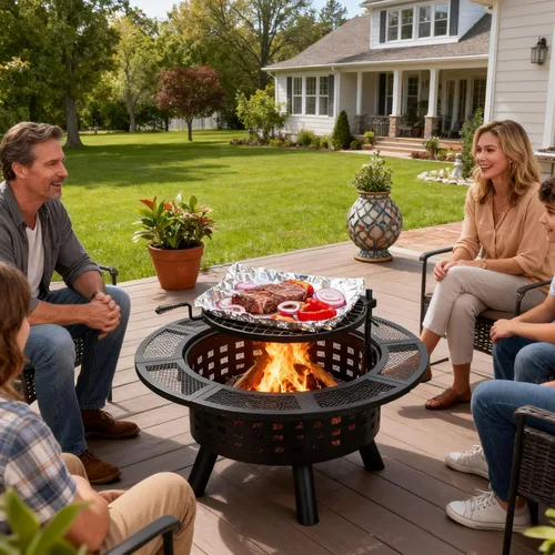 Miniatura 2 de Verdeluxe Hoguera al Aire Libre de 91 cm con Parrilla, Hogueras de Leña para Exteriores con Tapa y Atizador, Mesa de Hoguera 3 en 1 de Metal