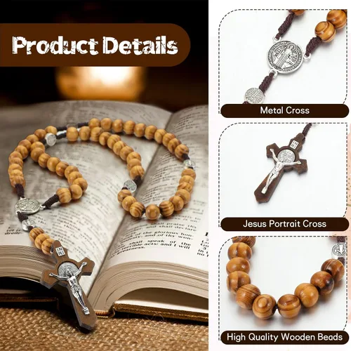 Miniatura 10 de Juego de 24 collares de rosario de cuentas de madera tallada con rosario católico con cruz de Jesús, cuentas de rosario de madera maciza con bolsa