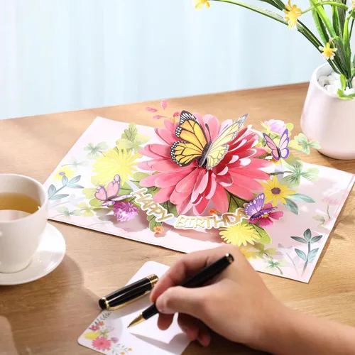 Miniatura 4 de Tarjetas de cumpleaños desplegables para mujeres y esposa, hermosas flores y mariposa monarca, elegante, floral 3D, tarjetas de felicitación