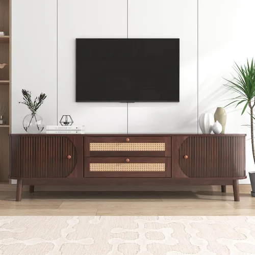 Miniatura 15 de JIVOIT Moderno soporte de TV de ratán para televisores de hasta 80 pulgadas, mesa consola inspirada en ratán con 3 gabinetes y 2 cajones, armario