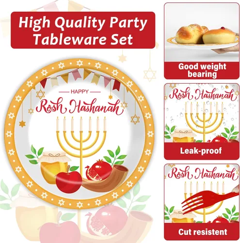 Miniatura 4 de gisgfim 96 piezas de platos y servilletas Rosh Hashanah, suministros para fiestas Shana Tova, juego de vajilla para los días santos, decoraciones