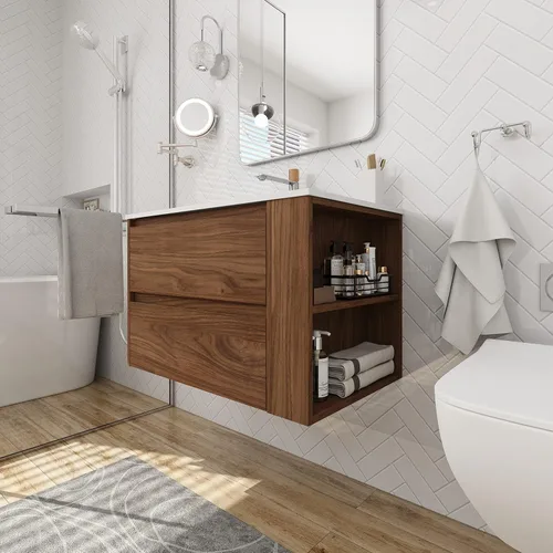 Miniatura 22 de Juego de tocador de baño flotante de 22 pulgadas con lavabo, moderno tocador de baño montado en la pared con lavabo de cerámica y puerta de cierre