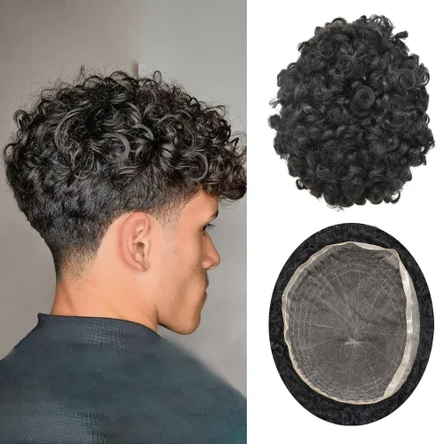 Miniatura 14 de Pelucas afro rizadas para hombre, con encaje francés, de 10 x 8 pulgadas, completamente transparente, de repuesto, sistema de cabello humano rizado