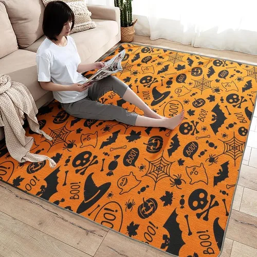 Miniatura 4 de Alfombras de Halloween para dormitorio, sala de estar, alfombra de tela de araña de murciélago de calabaza, 4 x 6 pies, lavable, antideslizante, Dfg2