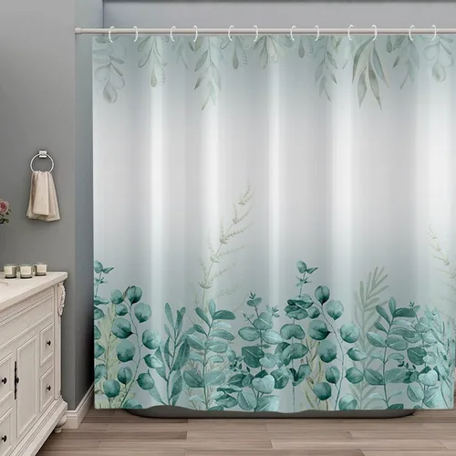 Miniatura 27 de Cortina de ducha de eucalipto, hojas verdes de acuarela en la parte superior con cortina de baño floral, decoración de baño para bañera, tela Hoja