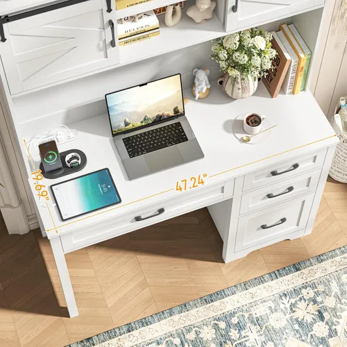 Miniatura 4 de Escritorio ejecutivo de granja de 67 pulgadas de alto con gabinete, mesa de oficina con luz LED y 4 cajones, escritorio para computadora
