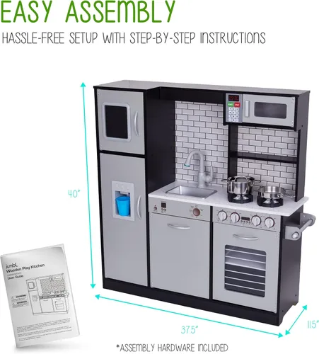 Miniatura 8 de Set de cocina de madera para niños Lil' Jumbl, cocina de juguete de simulación, heladera con batería, quemadores, grifo y microondas con sonido