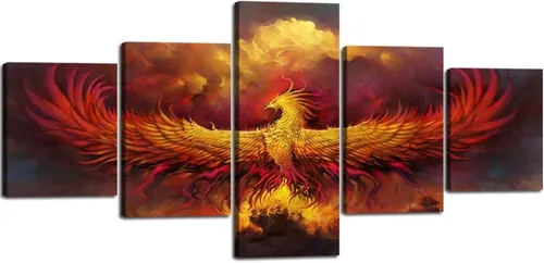 5 piezas de pintura sobre lienzo ardiente de fénix dibujado en estilo heráldico fuego fénix arte de pared vintage impresiones obras de arte arte